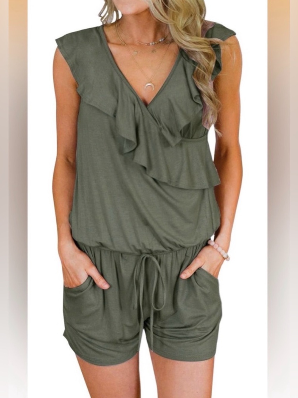 Ruffle V-Neck Utility Romper in Olive